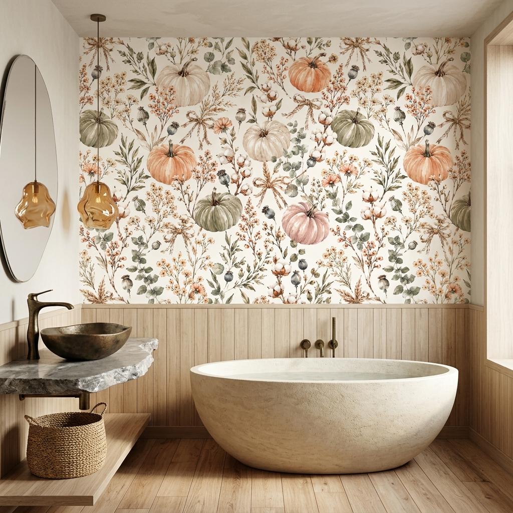 Watercolor Pumpkin Floral Wallpaper, Rustic Autumn Peel and Stick-WP0212