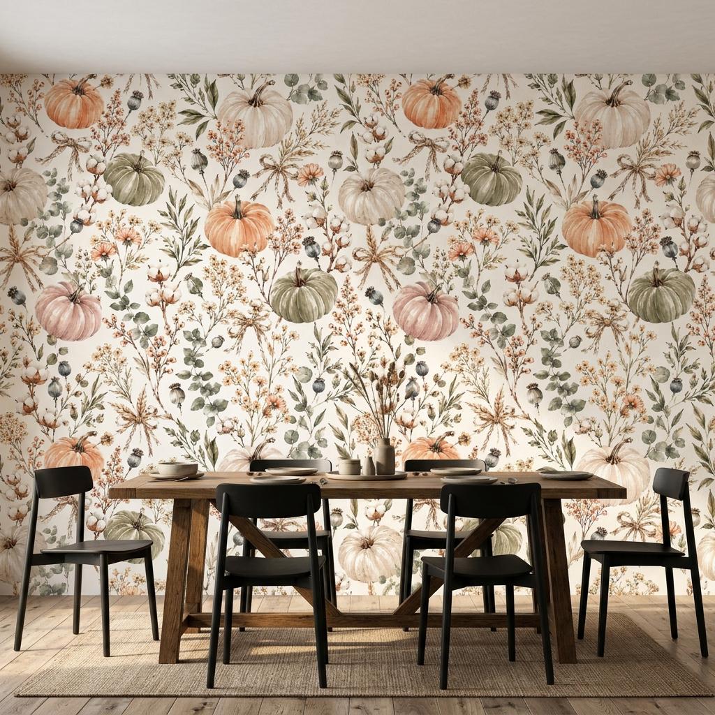 Watercolor Pumpkin Floral Wallpaper, Rustic Autumn Peel and Stick-WP0212