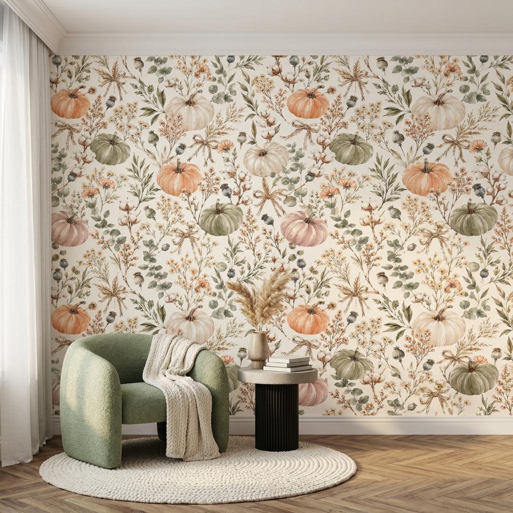 Watercolor Pumpkin Floral Wallpaper, Rustic Autumn Peel and Stick-WP0212