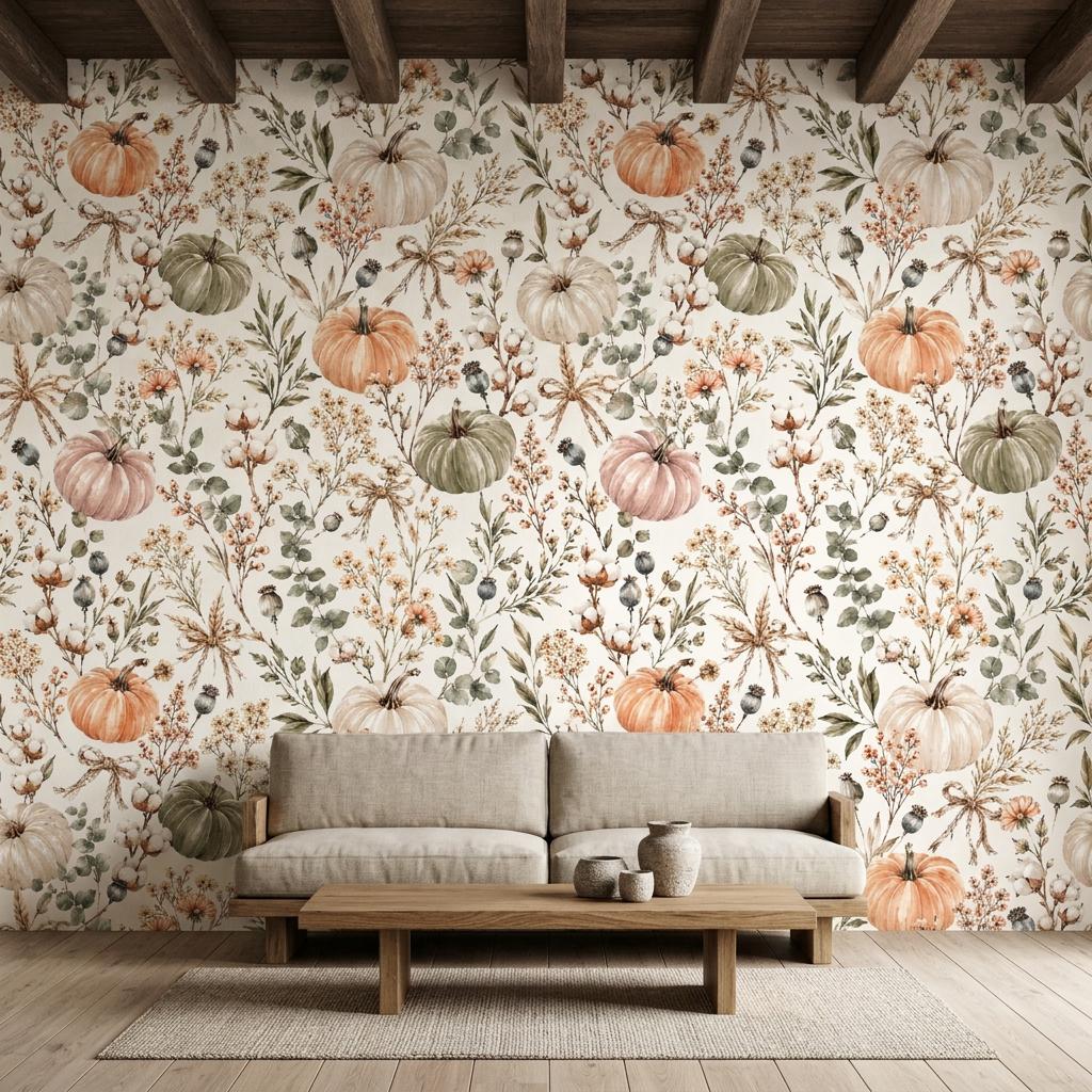 Watercolor Pumpkin Floral Wallpaper, Rustic Autumn Peel and Stick-WP0212