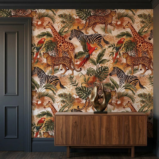 Maximalist Jungle Safari Animals Wallpaper, Tropical Exotic Leaf Wall Mural-WP0213
