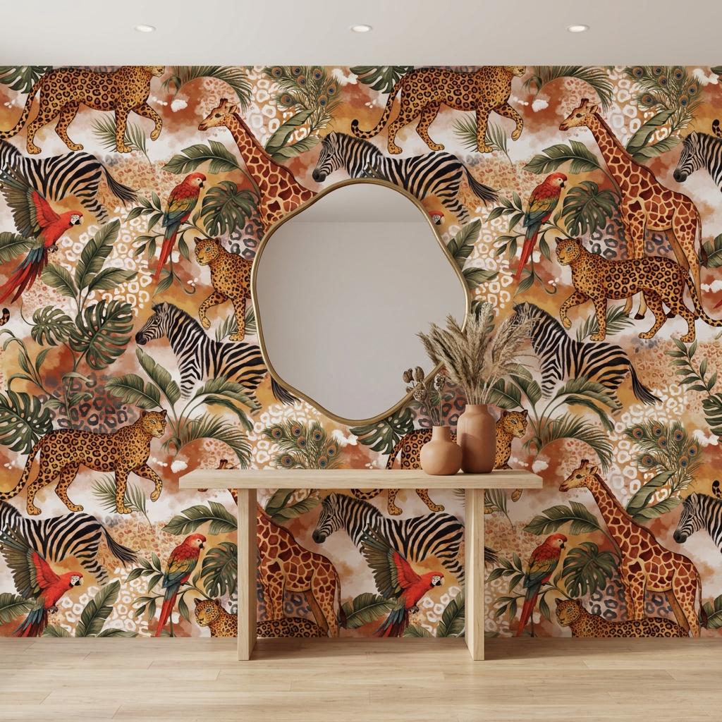 Maximalist Jungle Safari Animals Wallpaper, Tropical Exotic Leaf Wall Mural-WP0213