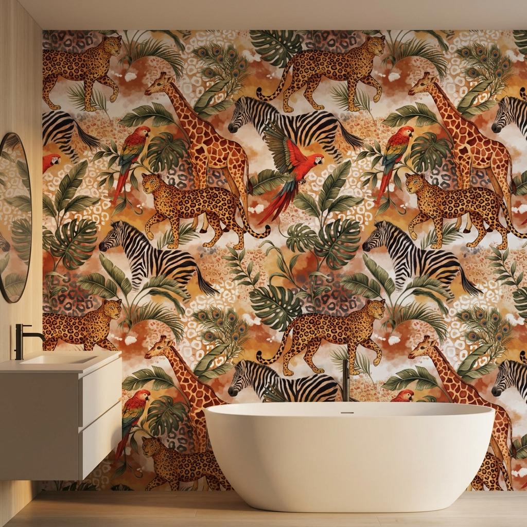Maximalist Jungle Safari Animals Wallpaper, Tropical Exotic Leaf Wall Mural-WP0213