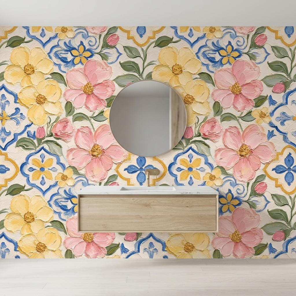 Mediterranean Floral Wallpaper, Painted Tile Mural-WP0241