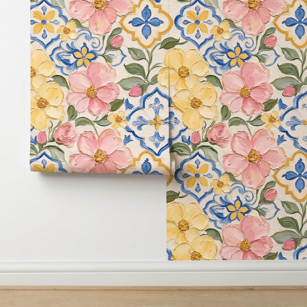 Mediterranean Floral Wallpaper, Painted Tile Mural-WP0241