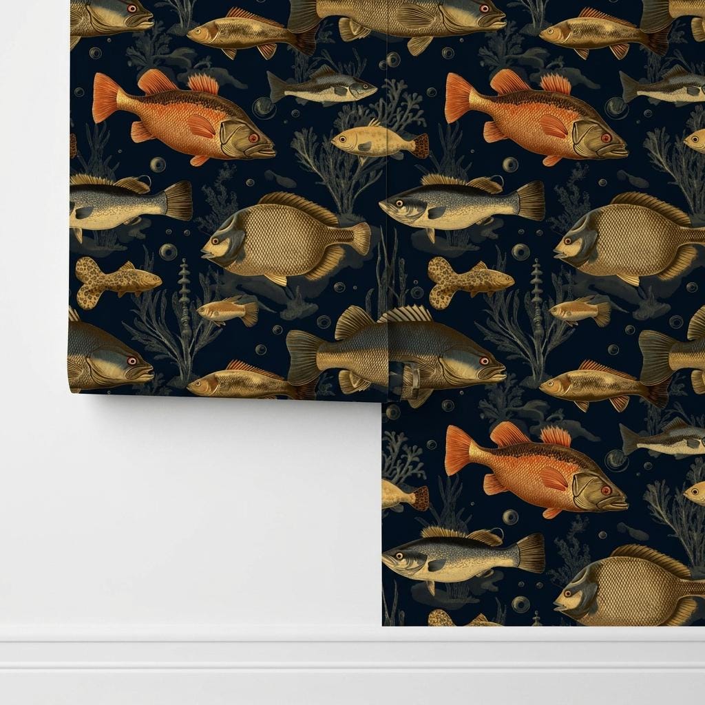 Vintage Fish Wallpaper Mural, Nautical Nursery Decor, Aquatic Wall Art-WP0214