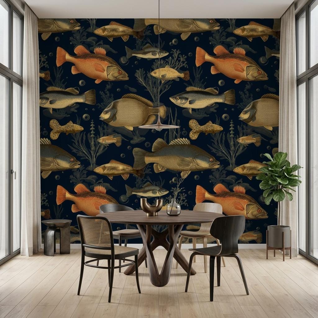 Vintage Fish Wallpaper Mural, Nautical Nursery Decor, Aquatic Wall Art-WP0214