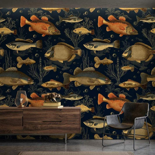 Vintage Fish Wallpaper Mural, Nautical Nursery Decor, Aquatic Wall Art-WP0214