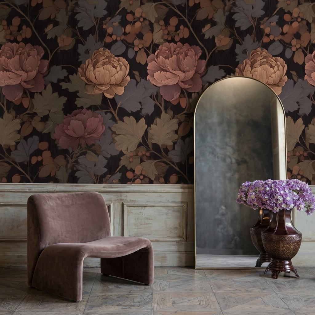 Dark Floral Wallpaper, Moody Botanical Statement Wall, Victorian Decor-WP0215