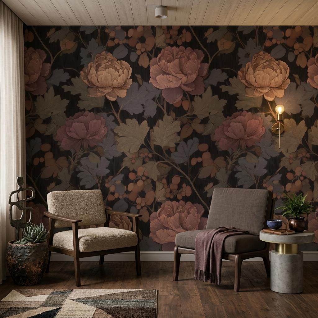 Dark Floral Wallpaper, Moody Botanical Statement Wall, Victorian Decor-WP0215