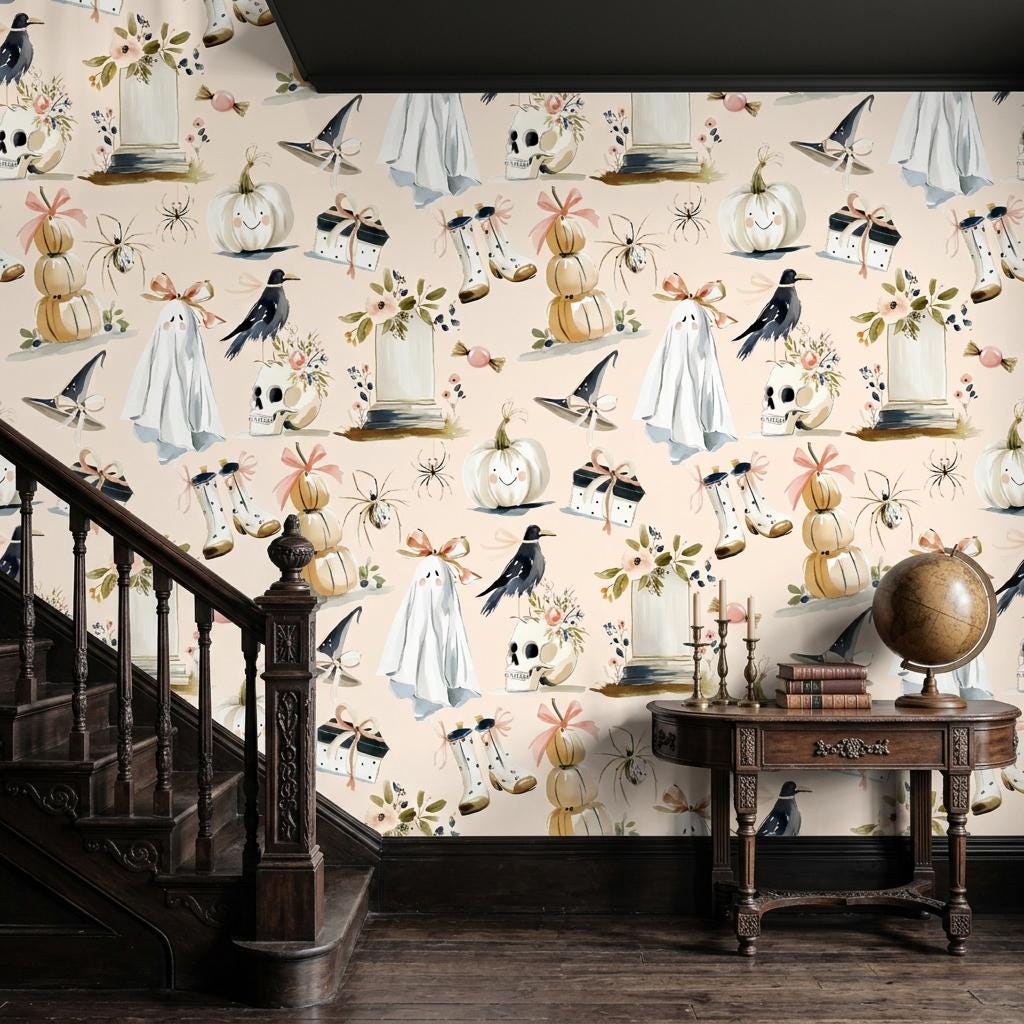 Watercolor Halloween Wallpaper, Pastel Goth Ghost Mural-WP0242