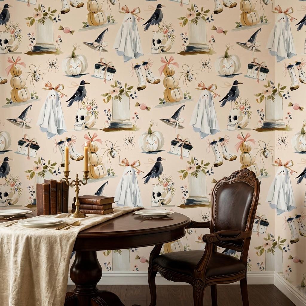 Watercolor Halloween Wallpaper, Pastel Goth Ghost Mural-WP0242