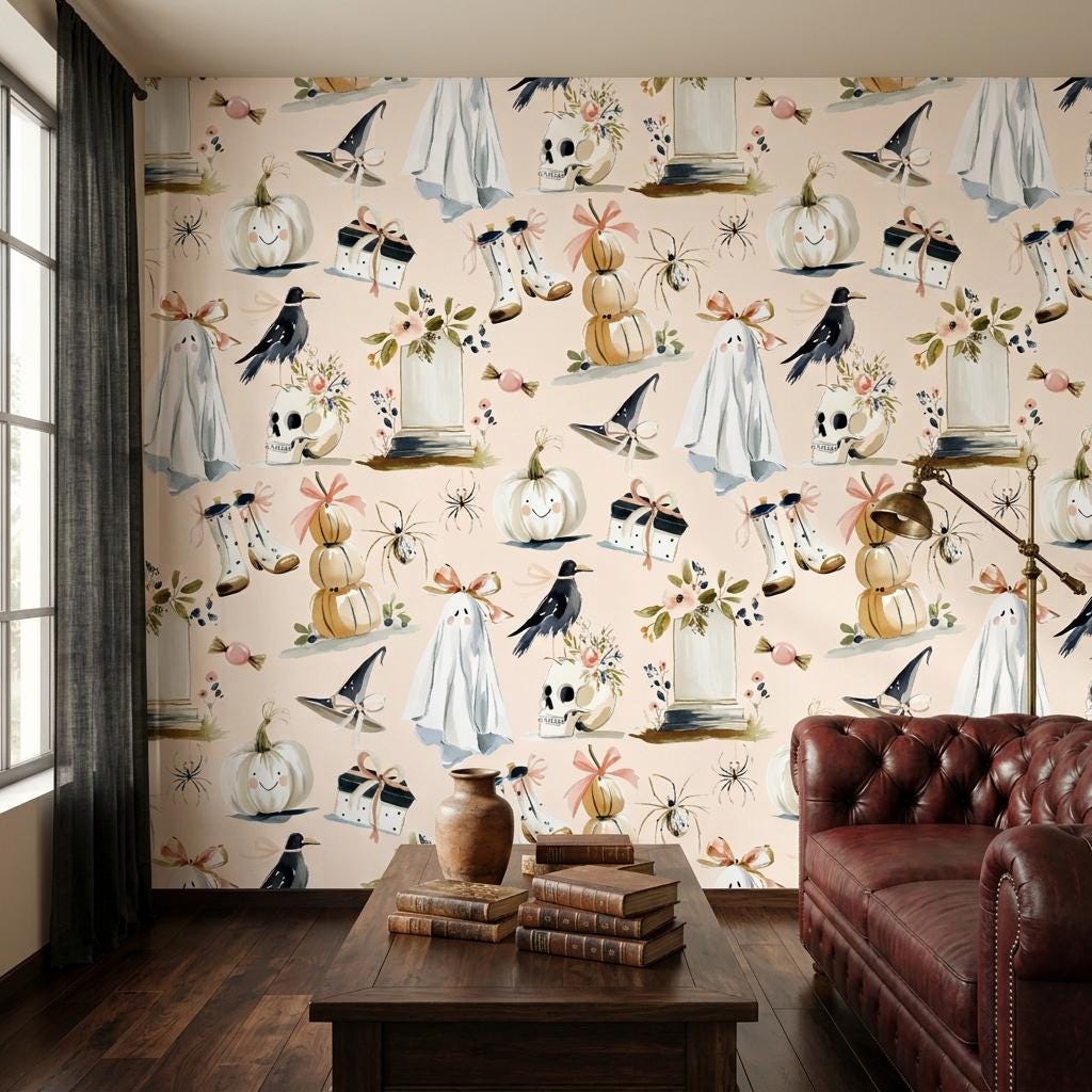 Watercolor Halloween Wallpaper, Pastel Goth Ghost Mural-WP0242