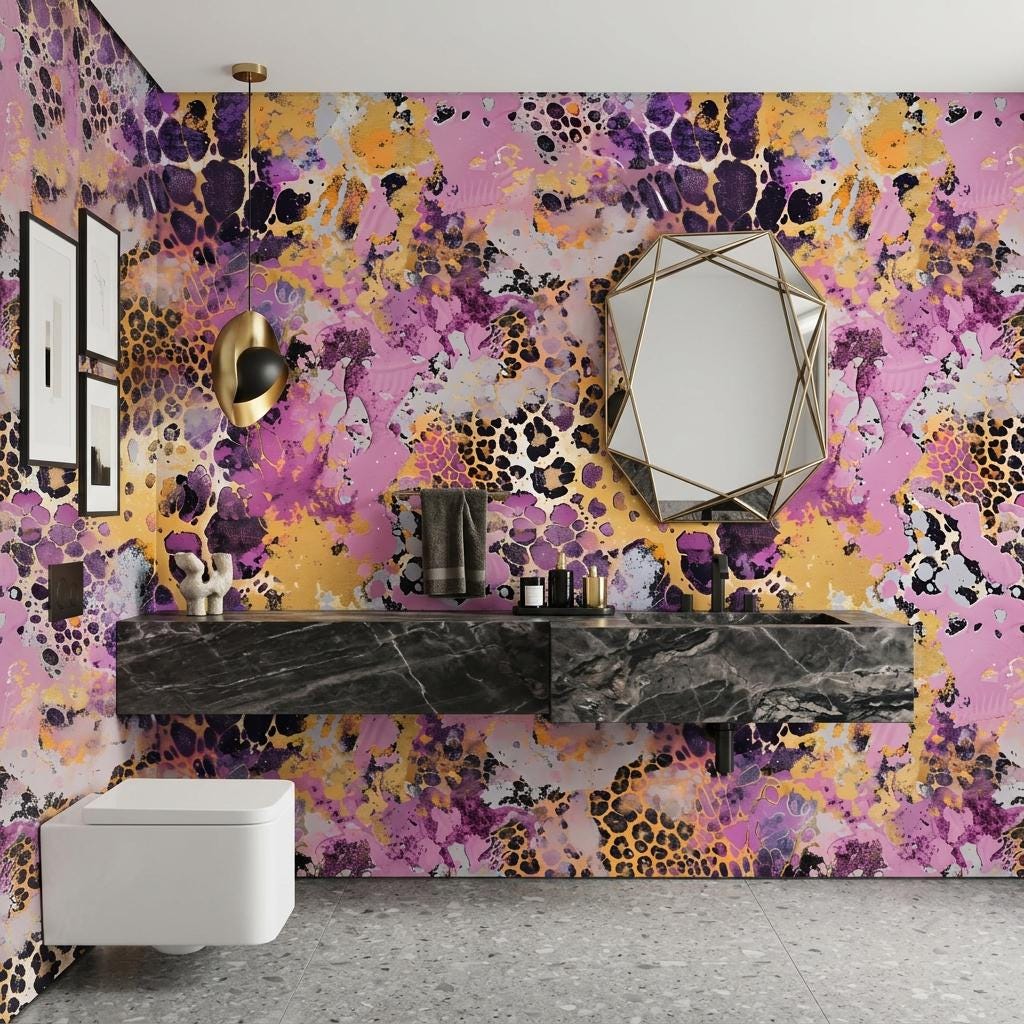 Abstract Leopard Print Watercolor Wallpaper, Maximalist Animal Mural, Bold Eclectic Decor-WP0216