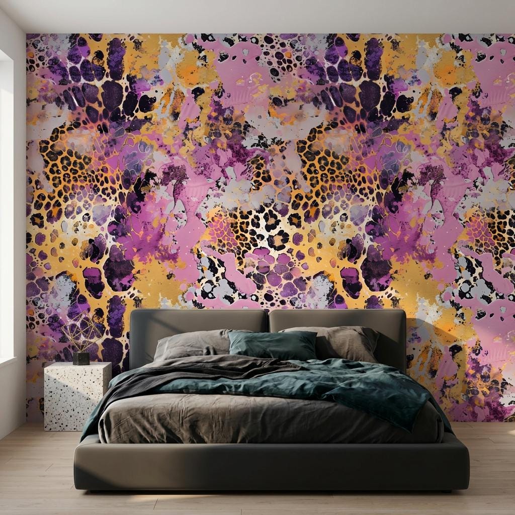 Abstract Leopard Print Watercolor Wallpaper, Maximalist Animal Mural, Bold Eclectic Decor-WP0216