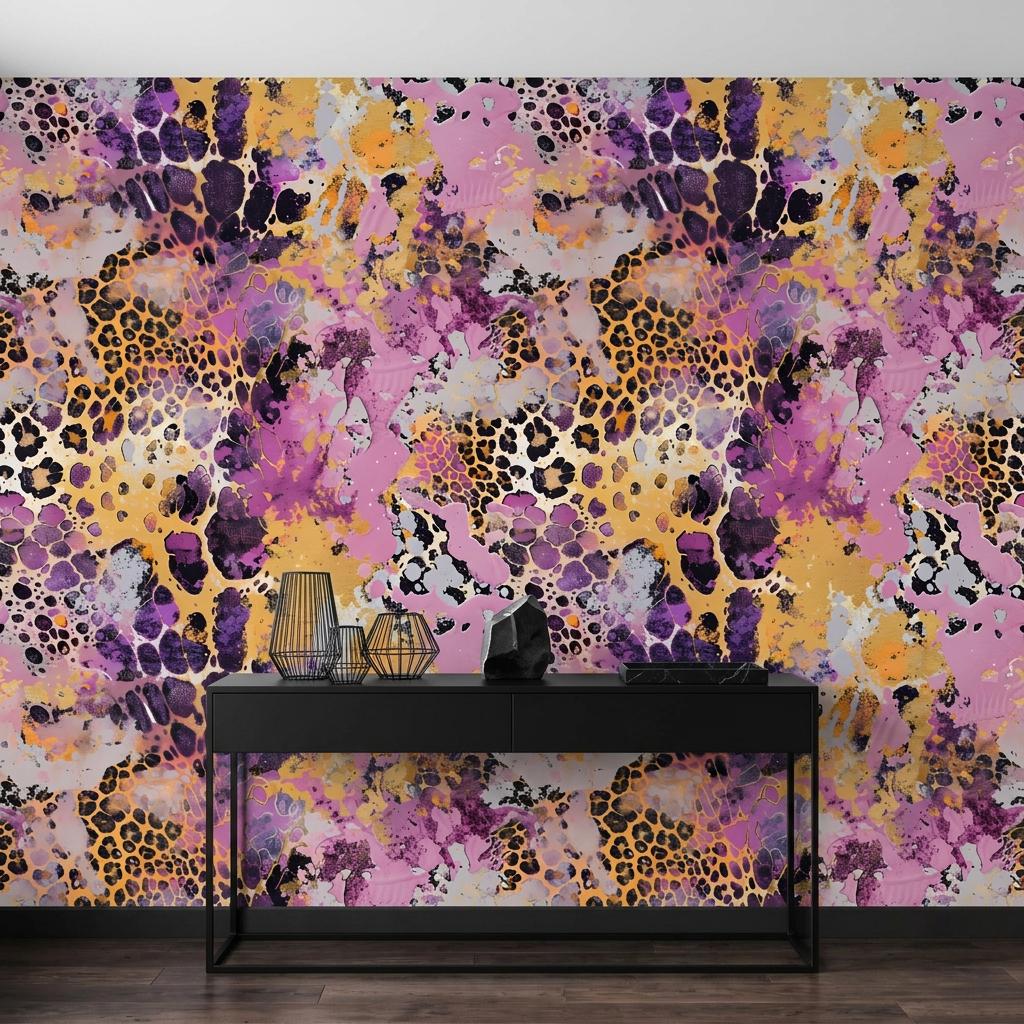 Abstract Leopard Print Watercolor Wallpaper, Maximalist Animal Mural, Bold Eclectic Decor-WP0216
