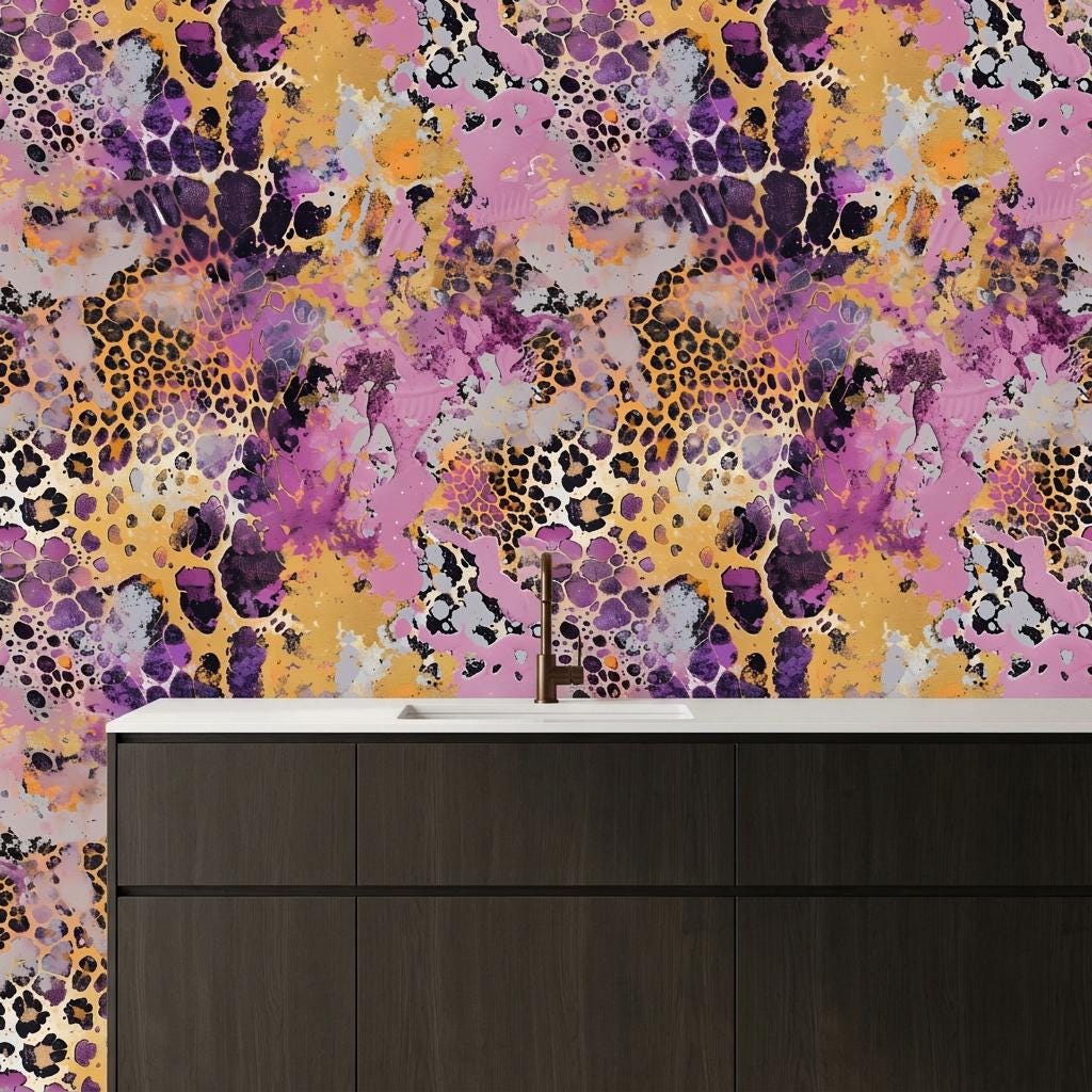 Abstract Leopard Print Watercolor Wallpaper, Maximalist Animal Mural, Bold Eclectic Decor-WP0216