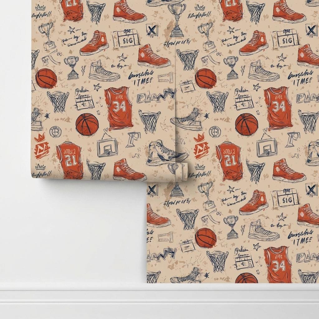 Basketball Wallpaper,Retro Sports Nursery Decor, Athlete Bedroom Wall Mural-WP0217