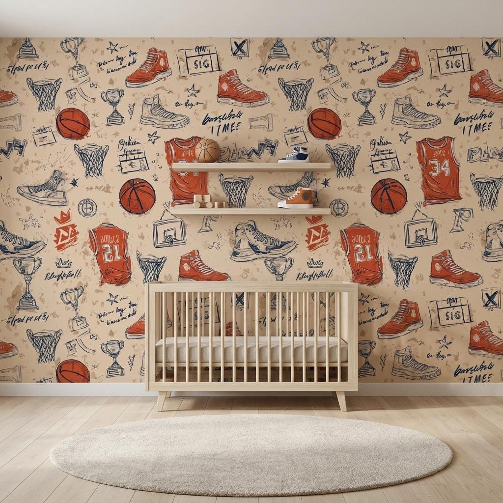 Basketball Wallpaper,Retro Sports Nursery Decor, Athlete Bedroom Wall Mural-WP0217