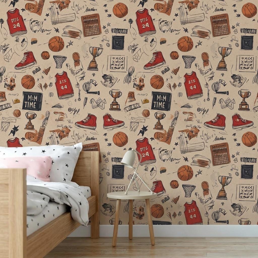 Basketball Wallpaper with Removable Peel and Stick Athletic Doodle Accent-WP0218