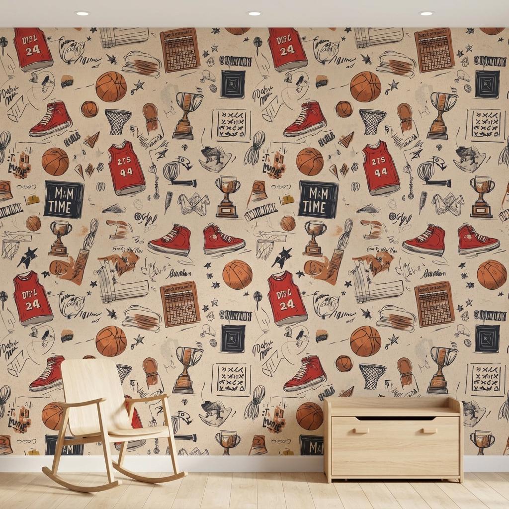Basketball Wallpaper with Removable Peel and Stick Athletic Doodle Accent-WP0218
