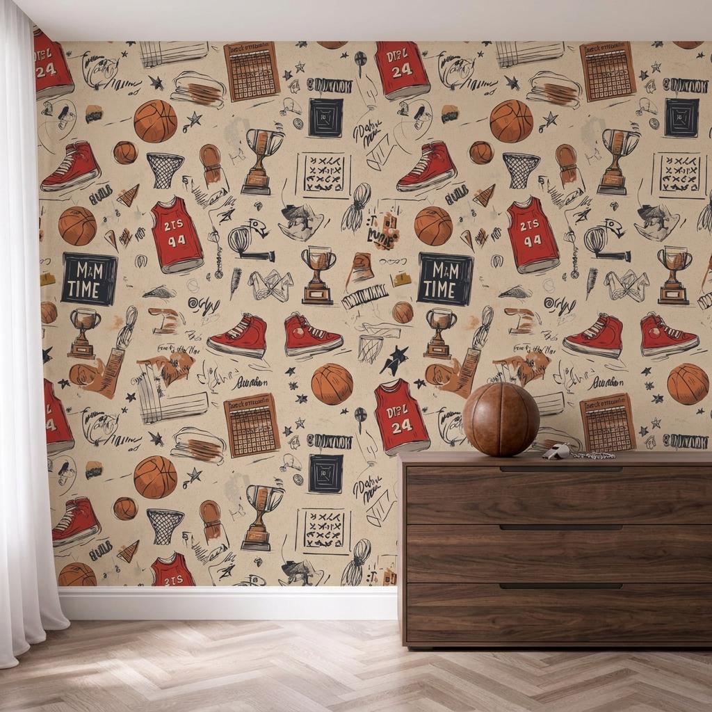 Basketball Wallpaper with Removable Peel and Stick Athletic Doodle Accent-WP0218