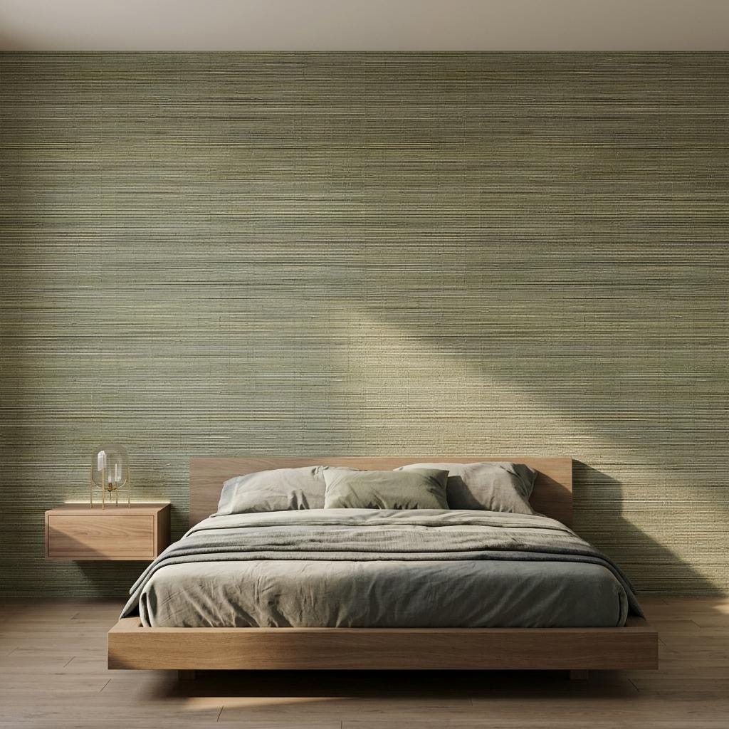 Sage Green Grasscloth Wallpaper, Faux Woven Fabric Mural, Earthy Boho Decor -WP0219