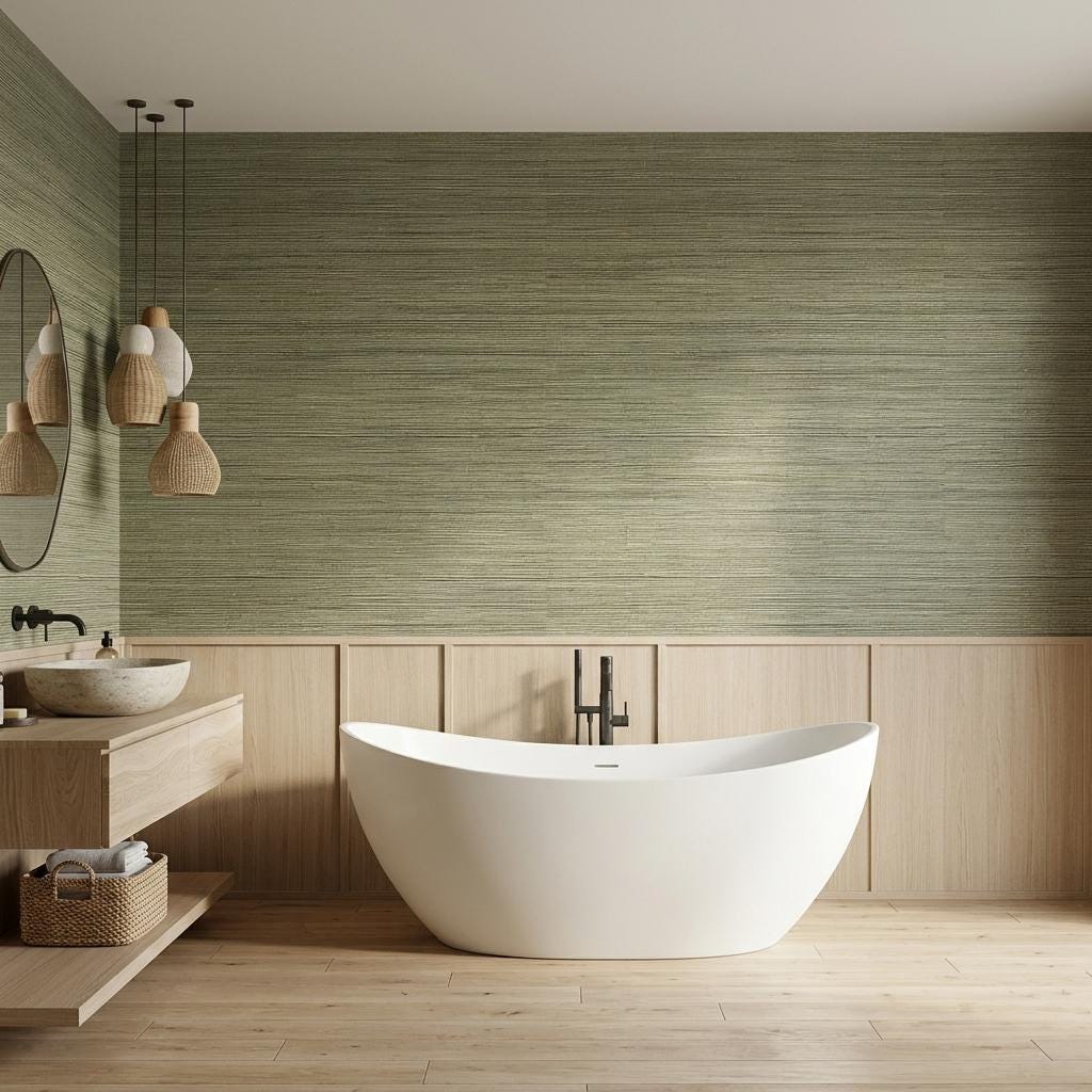 Sage Green Grasscloth Wallpaper, Faux Woven Fabric Mural, Earthy Boho Decor -WP0219