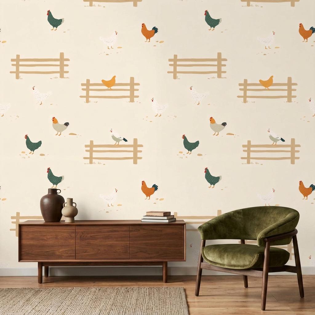 Farmhouse Rooster Wallpaper, Cream Chicken Country Wall Decor, Rustic Farm Kitchen Nursery-WP0220