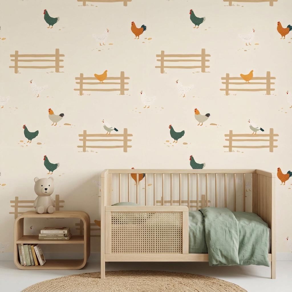 Farmhouse Rooster Wallpaper, Cream Chicken Country Wall Decor, Rustic Farm Kitchen Nursery-WP0220