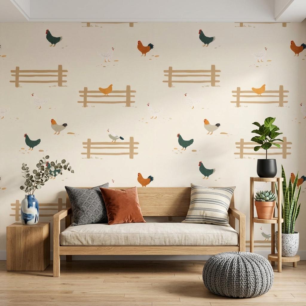 Farmhouse Rooster Wallpaper, Cream Chicken Country Wall Decor, Rustic Farm Kitchen Nursery-WP0220