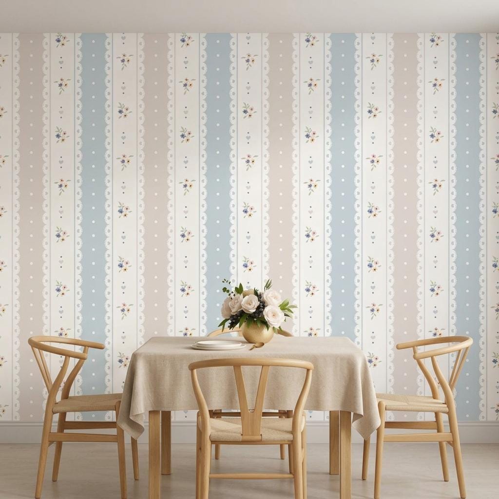 Shabby Chic Floral Striped Wallpaper, Coquette Lace Mural-WP0243