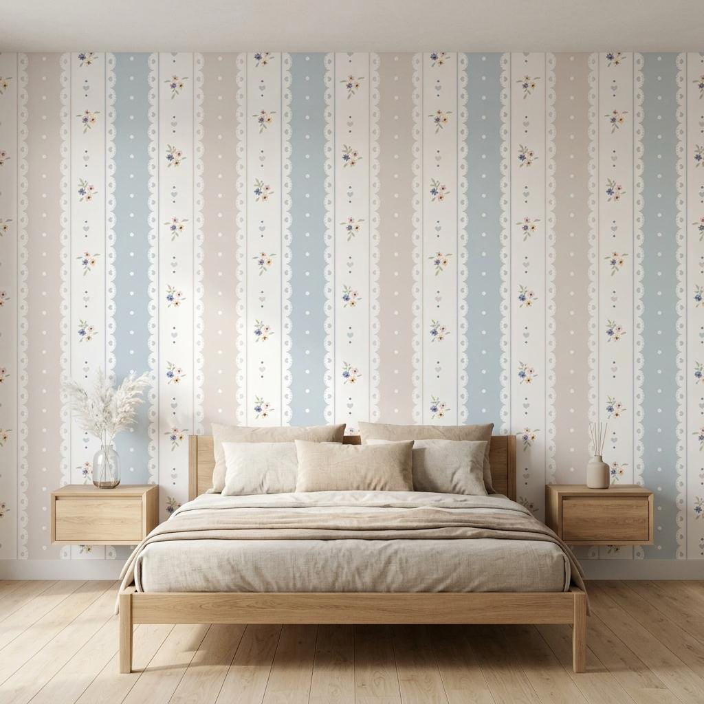 Shabby Chic Floral Striped Wallpaper, Coquette Lace Mural-WP0243