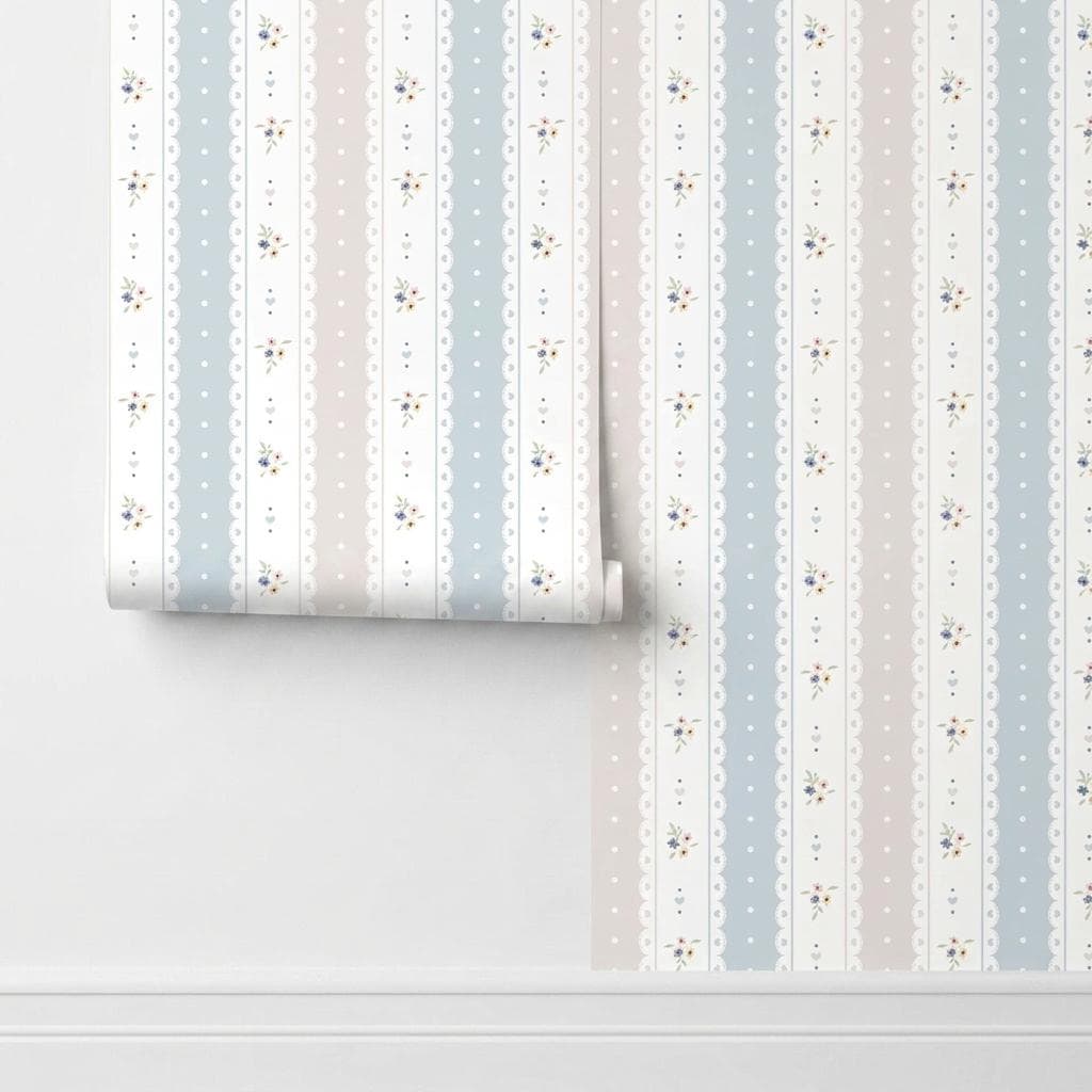 Shabby Chic Floral Striped Wallpaper, Coquette Lace Mural-WP0243