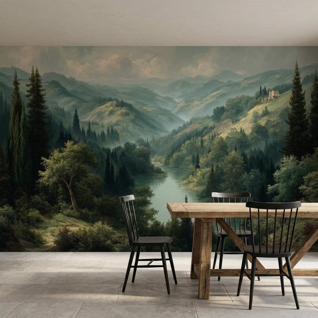 Vintage Mountain Landscape Wall Mural, Misty Forest River Wallpaper, Peel and Stick Nature Scenery-WP0221
