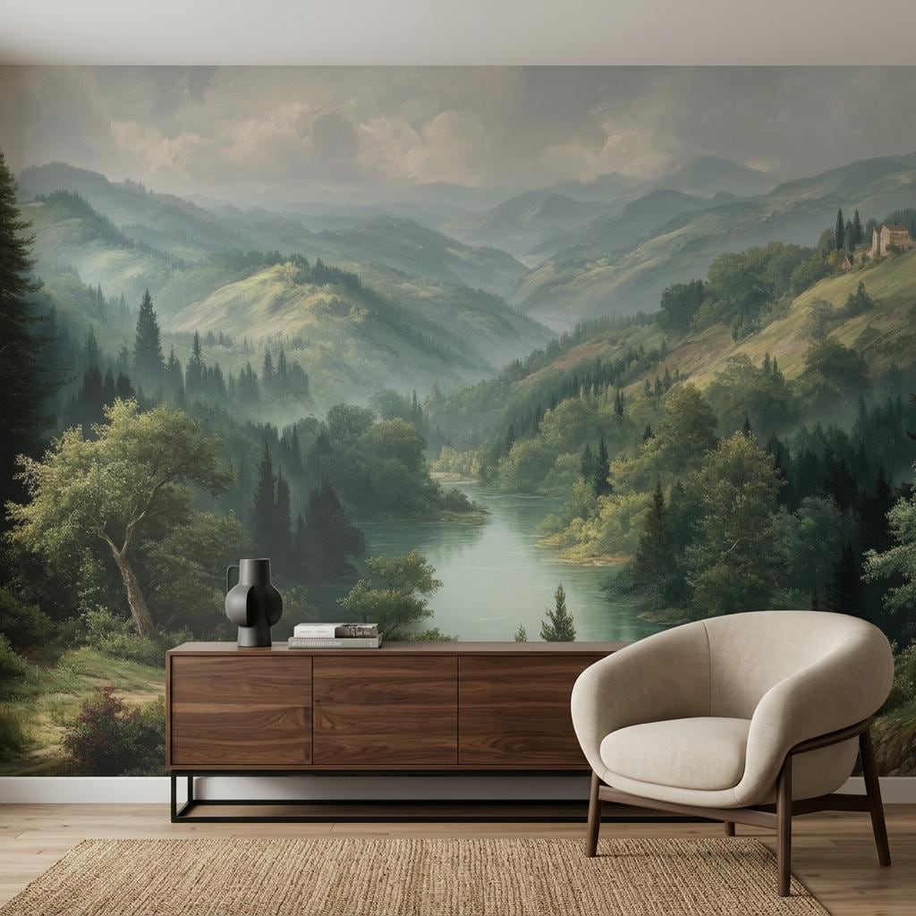 Vintage Mountain Landscape Wall Mural, Misty Forest River Wallpaper, Peel and Stick Nature Scenery-WP0221