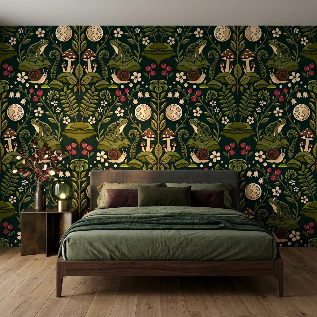 Dark Academia Frog Mushroom Wallpaper, Goblincore Mural-WP0244