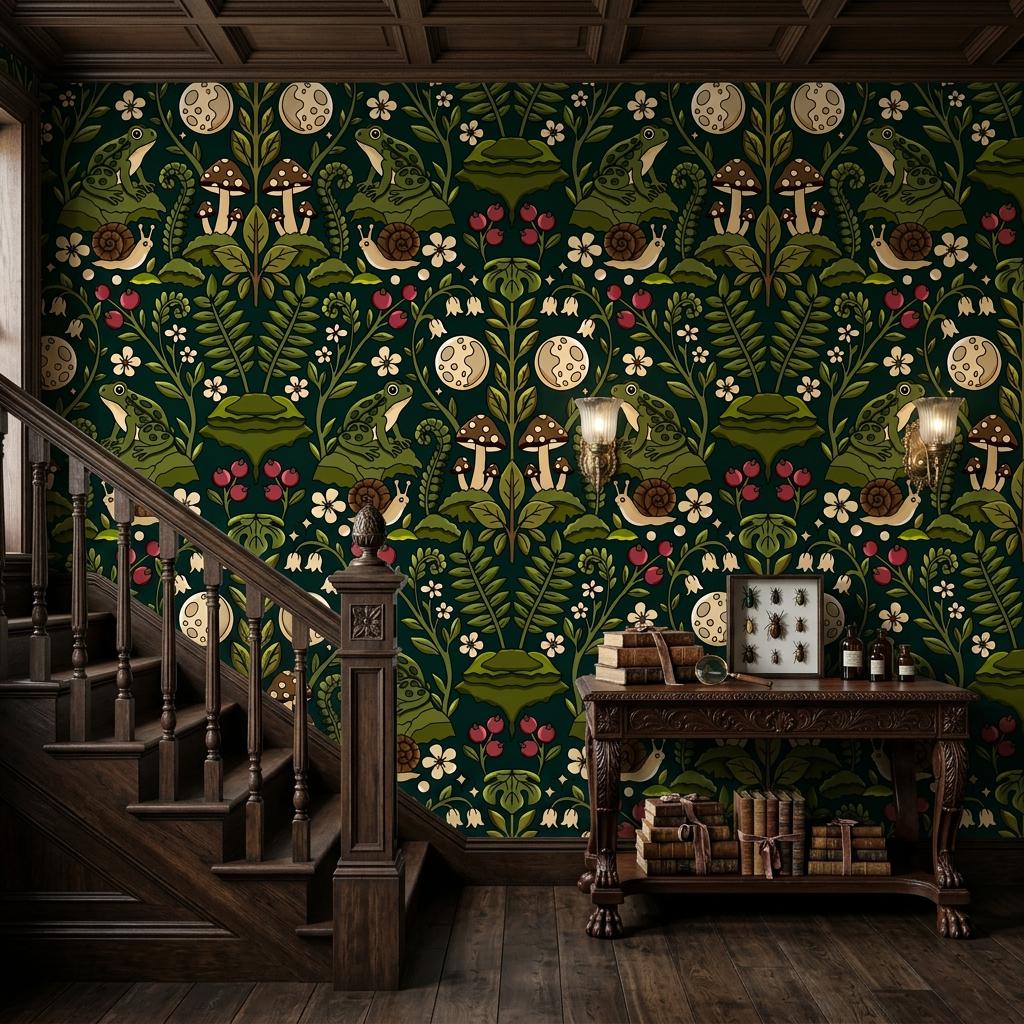 Dark Academia Frog Mushroom Wallpaper, Goblincore Mural-WP0244