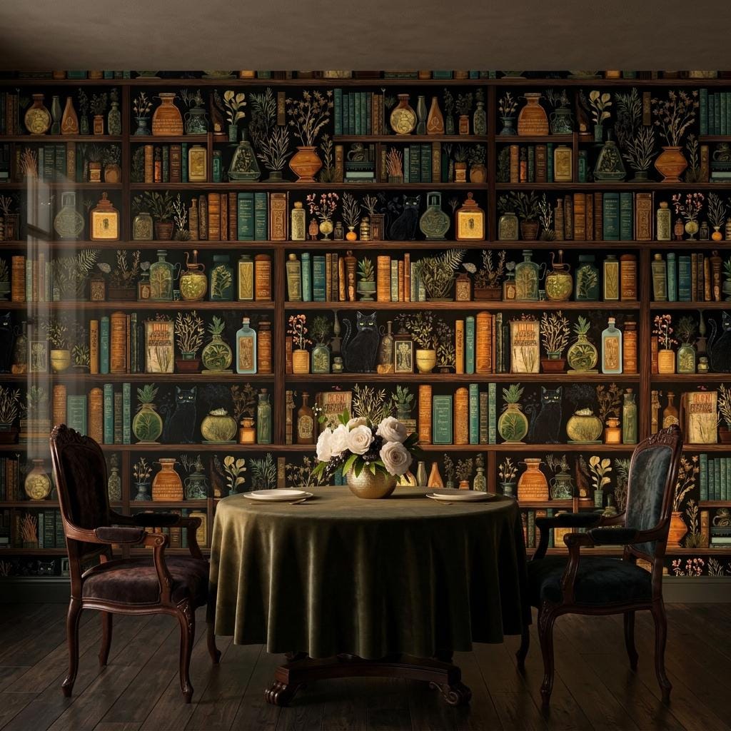 Dark Academia Bookshelf Wallpaper – Black Cats, Apothecary Library Mural-WP0122