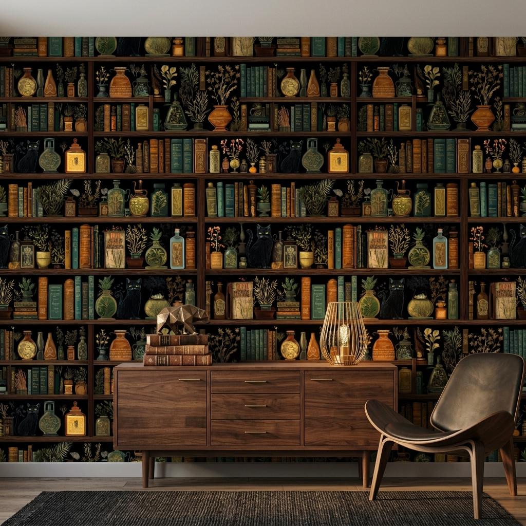 Dark Academia Bookshelf Wallpaper – Black Cats, Apothecary Library Mural-WP0122