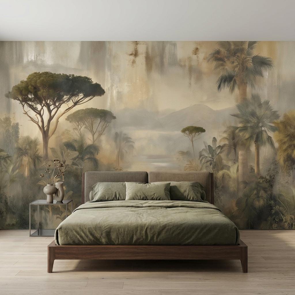 Vintage Tropical Forest Wallpaper, Misty Jungle Landscape Wall Mural-WP0223
