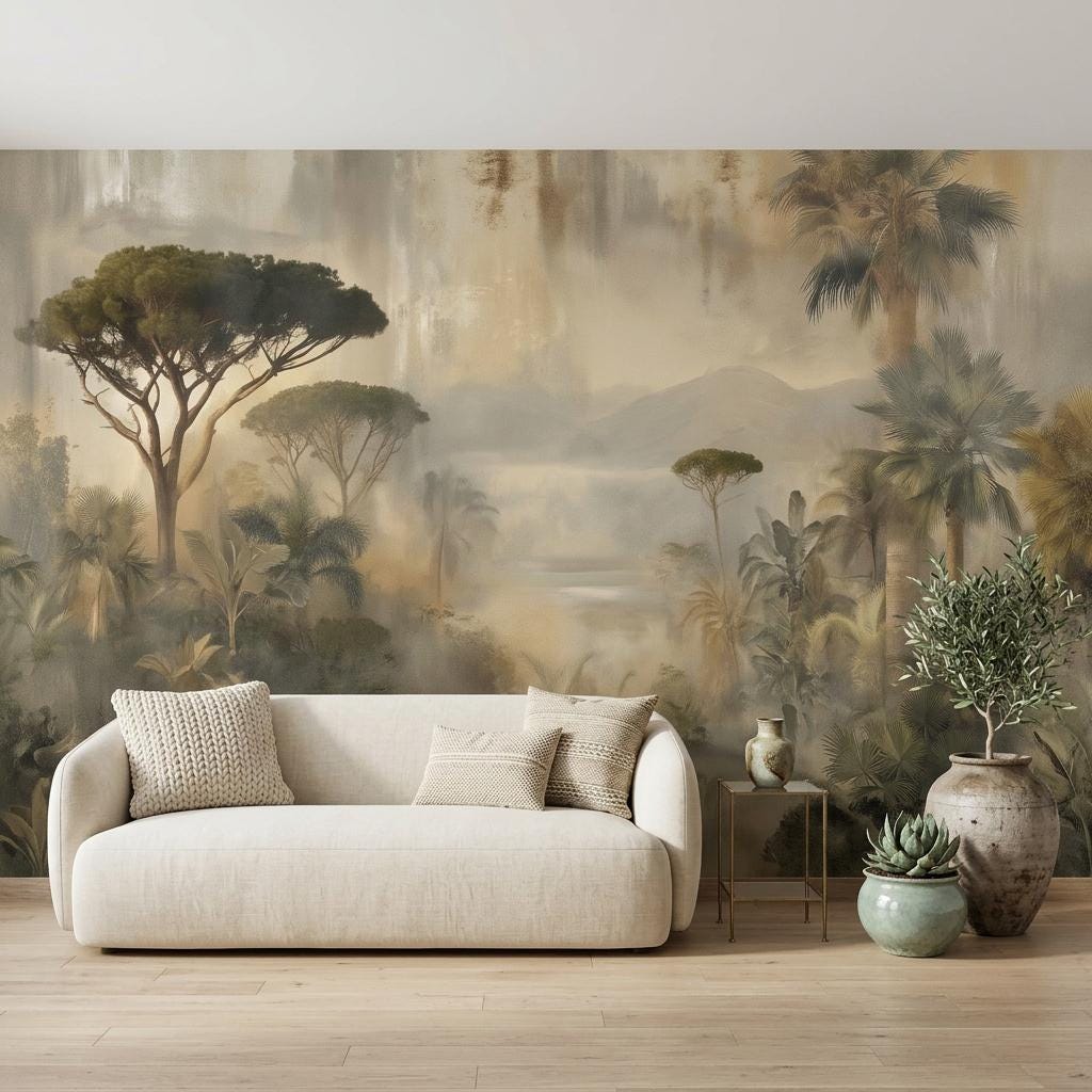 Vintage Tropical Forest Wallpaper, Misty Jungle Landscape Wall Mural-WP0223