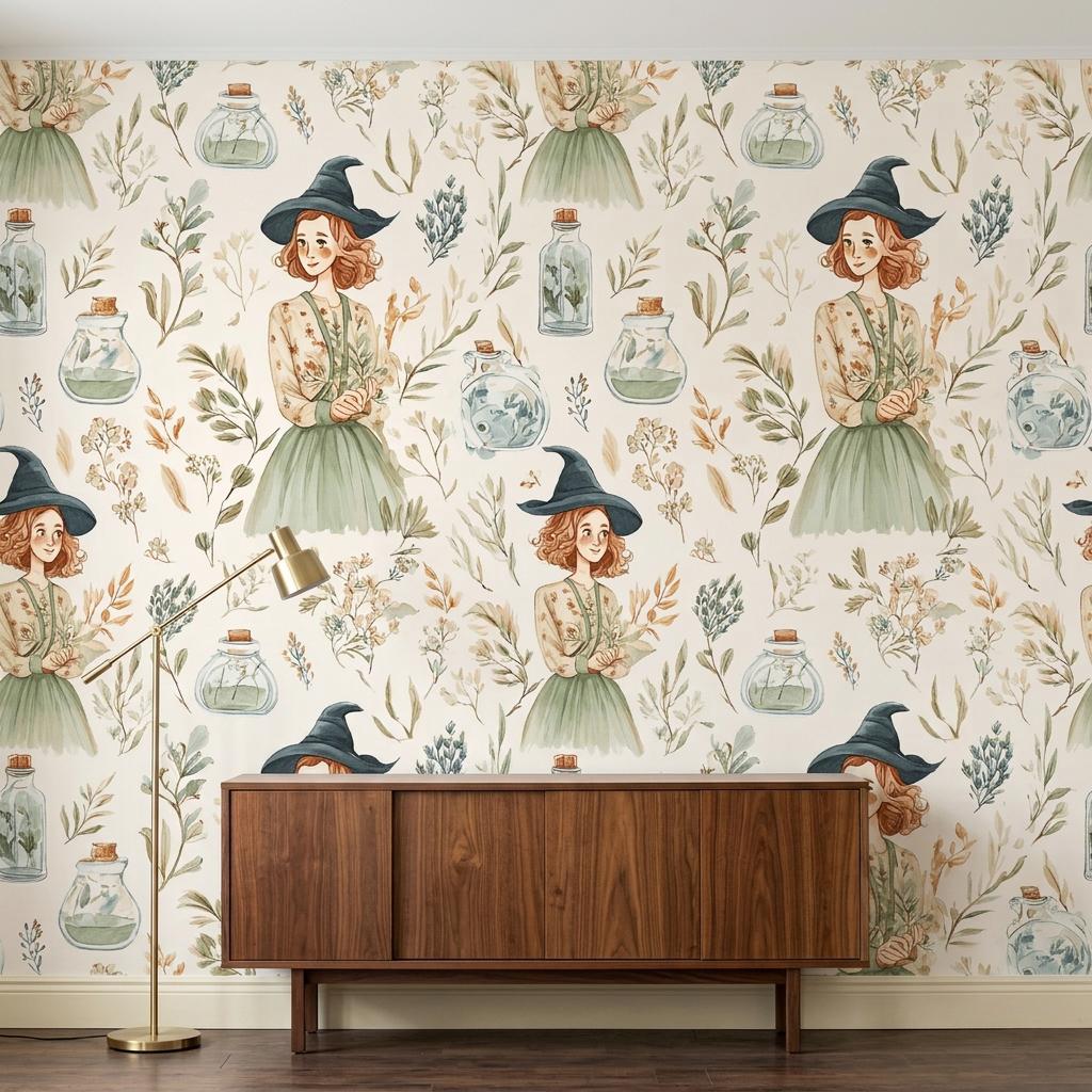 Whimsical Witch Botanical Wallpaper, Cottagecore Mural-WP0246
