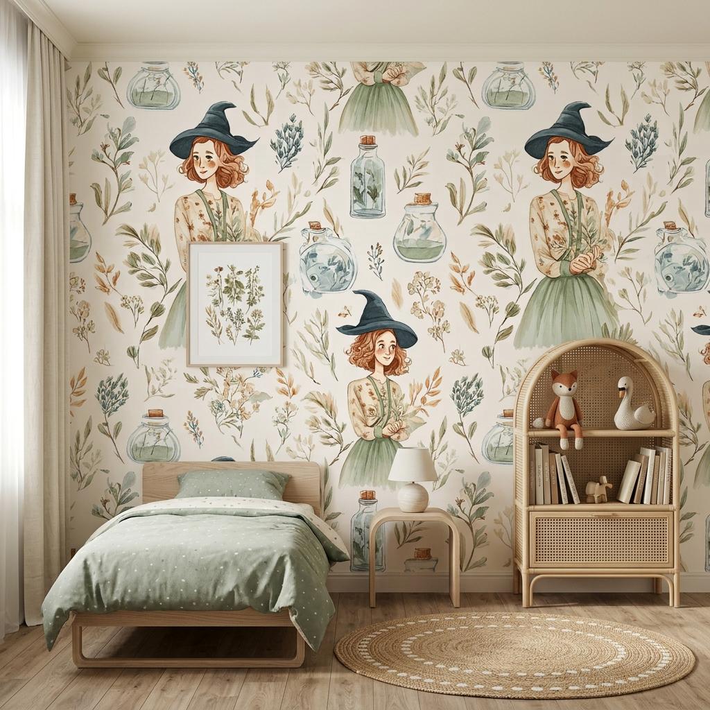 Whimsical Witch Botanical Wallpaper, Cottagecore Mural-WP0246