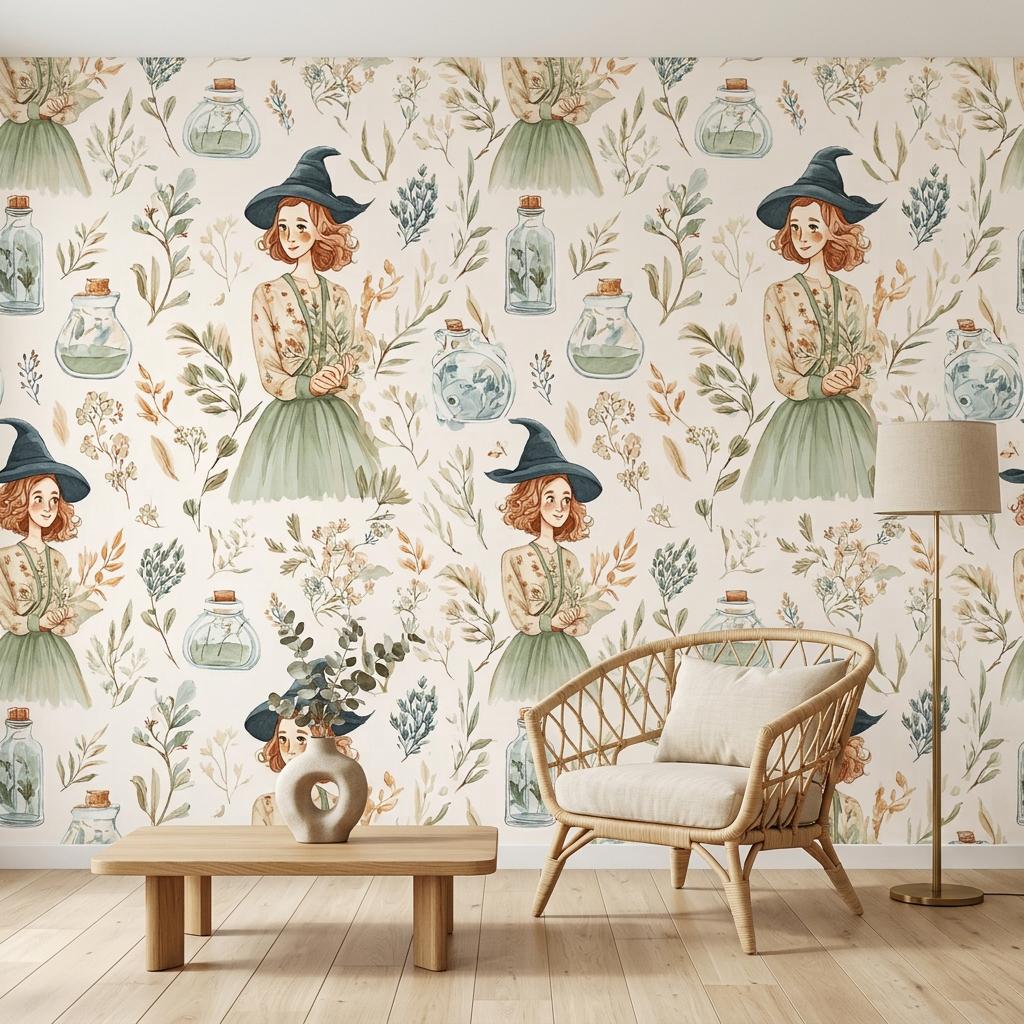Whimsical Witch Botanical Wallpaper, Cottagecore Mural-WP0246