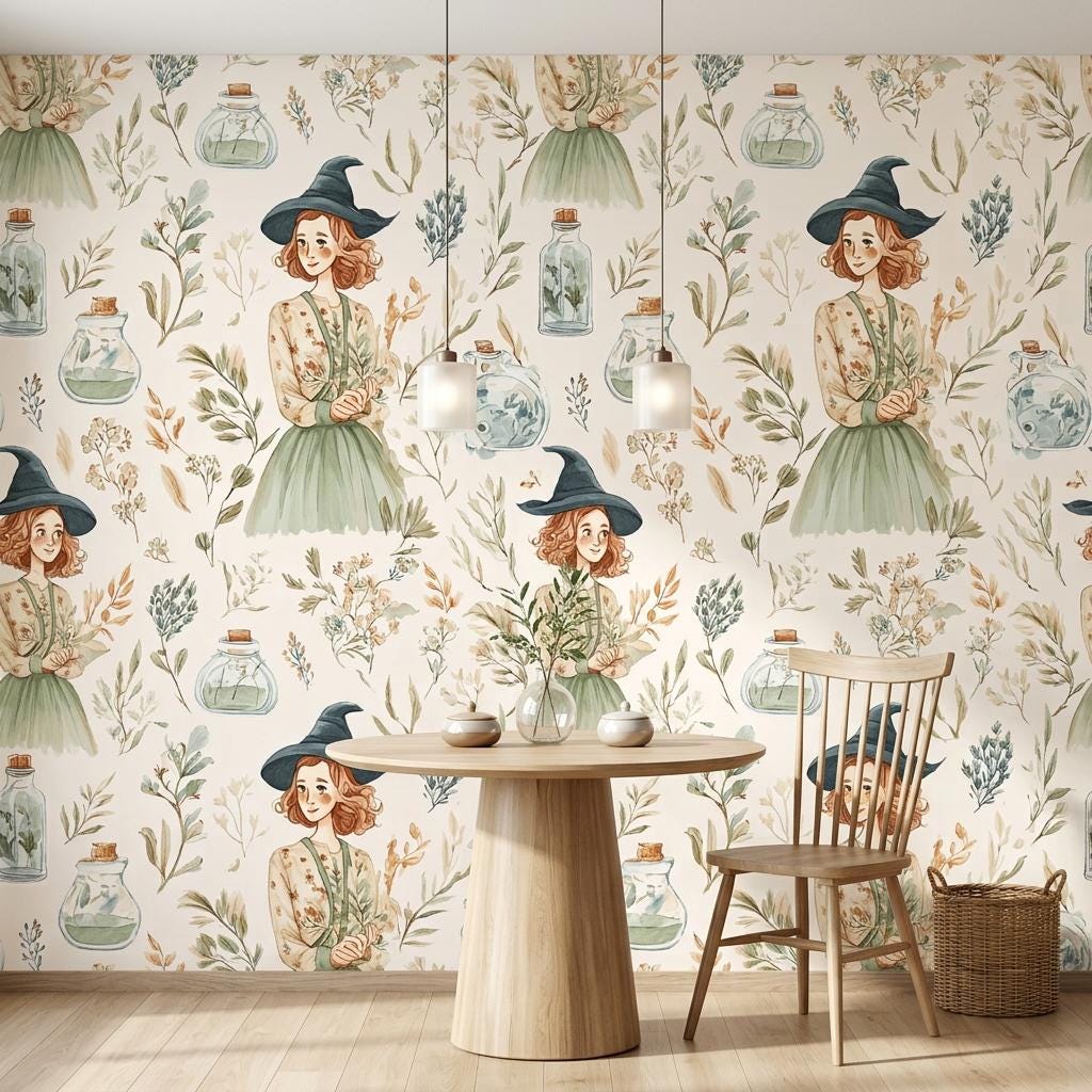 Whimsical Witch Botanical Wallpaper, Cottagecore Mural-WP0246