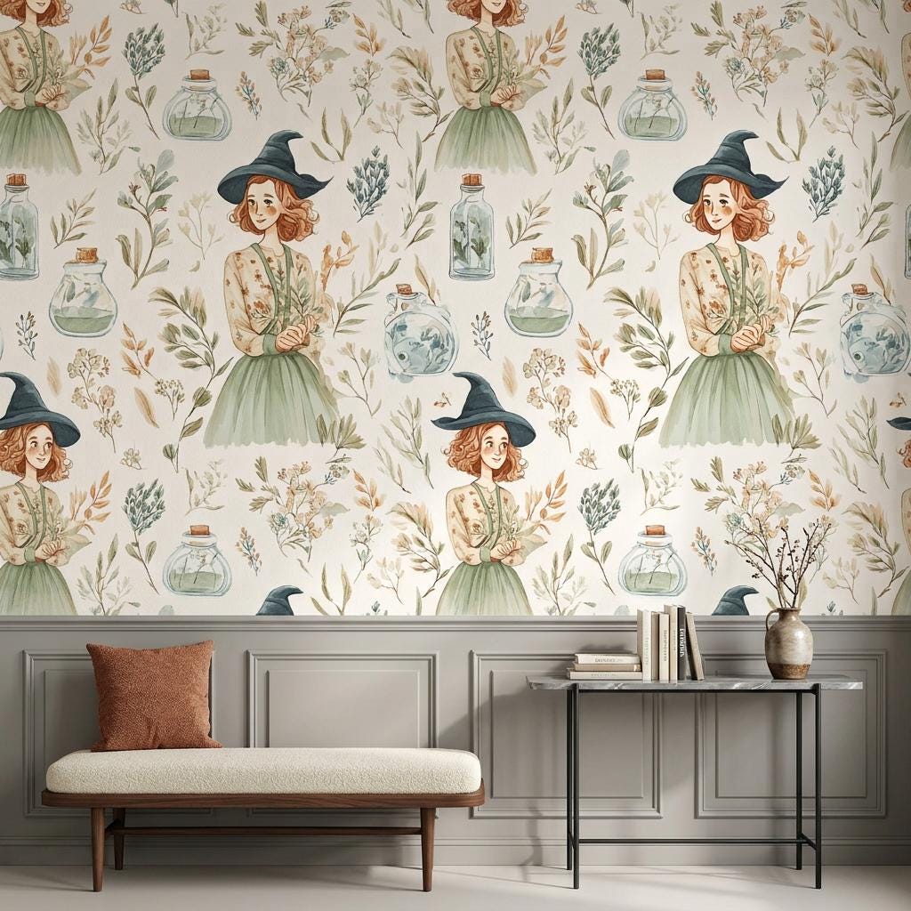 Whimsical Witch Botanical Wallpaper, Cottagecore Mural-WP0246