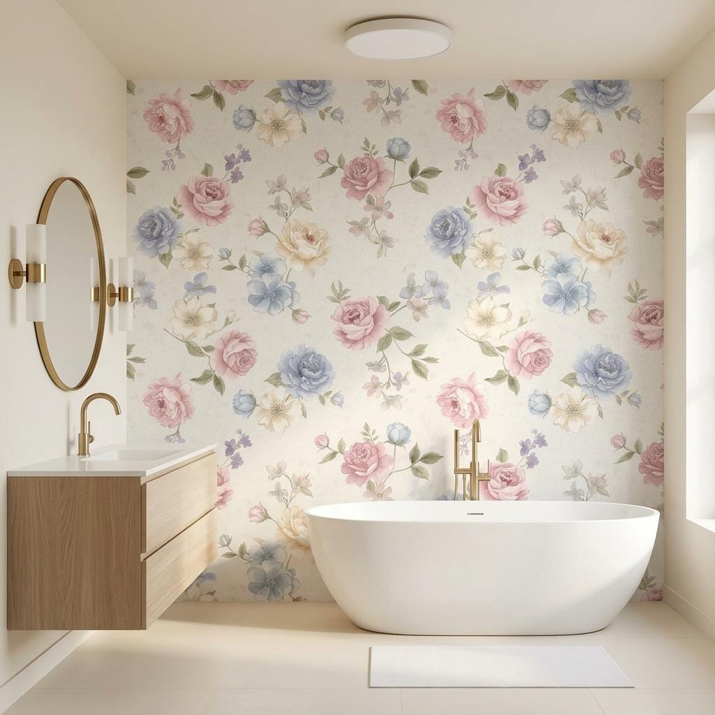 Watercolor Floral Wallpaper, Pink Blue Rose Mural-WP0248