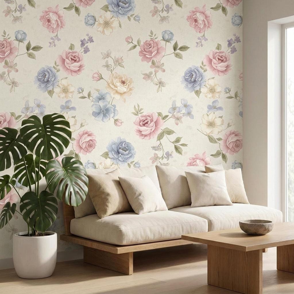 Watercolor Floral Wallpaper, Pink Blue Rose Mural-WP0248
