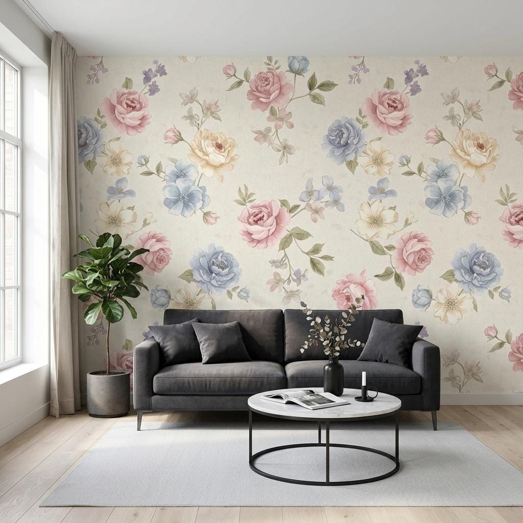 Watercolor Floral Wallpaper, Pink Blue Rose Mural-WP0248